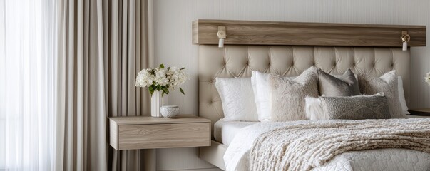 Obraz premium Airy Scandinavian bedroom with floating nightstands, a plush headboard, and curtains that allow for soft, diffused natural light
