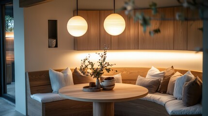Airy Scandinavian breakfast nook with a built-in wooden bench, a round table, and pendant lights with a soft glow