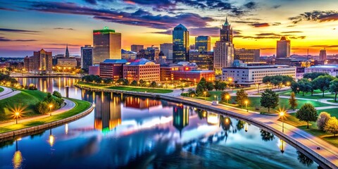 Fototapeta premium Stunning Skyline View of Des Moines, Iowa at Dusk with Vibrant Colors and City Lights Reflected