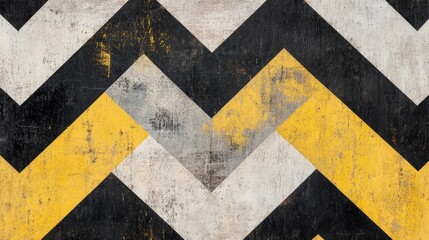 Fototapeta premium Zigzag pattern of black, yellow, and white chevrons on a weathered concrete surface