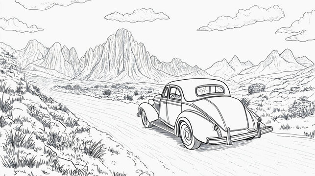 Car on road coloring page, book drawing of travel transport, automobile sketch outline, vehicle illustration cartoon, drive transportation for children, cute city landscape, kid adventure holiday trip