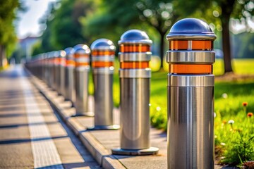 Obraz premium Stainless bollards lined up outside a brick building - industrial elements visible - under a partly cloudy sky. Taken in Toronto, Canada.