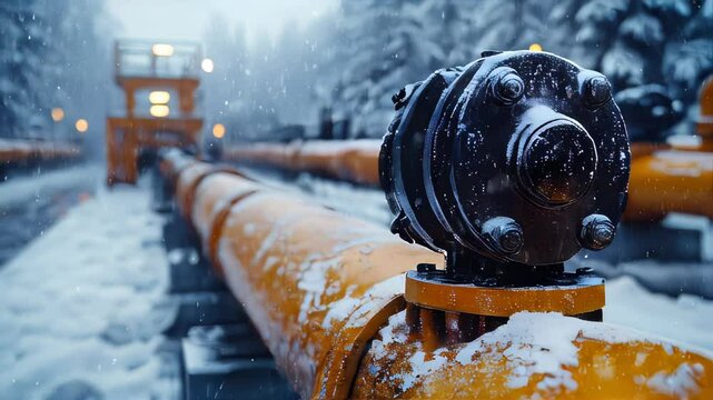 A close-up of an industrial pipeline in winter, covered in snow, showcasing its bolts and rugged metal texture in cold, frosty surroundings