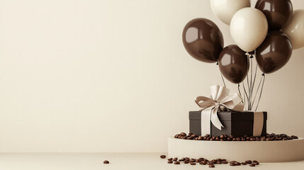 A minimalist beige podium with dark brown and cream-colored balloons, a coffee-themed gift box tied with a ribbon, and coffee beans scattered around for a modern display.
