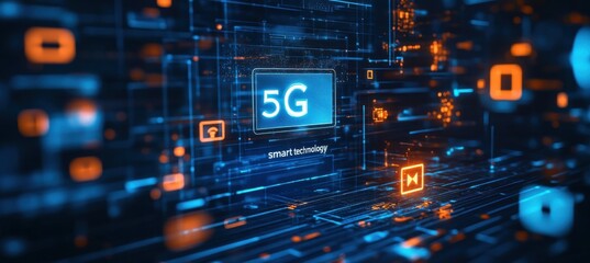 Futuristic 5G smart technology concept with glowing blue and orange digital circuits