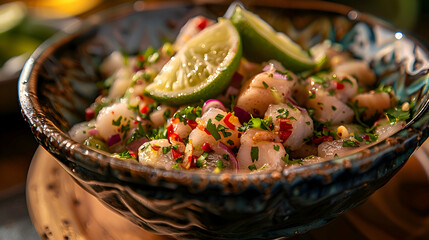 A bowl of ceviche with fresh lime wedges, captured using an ultra HD camera with a ring light for even illumination