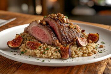 Cooking with pumpkin risotto, roasted duck breast, figs, zucchini, and mint leaves. Italian or Mediterranean.