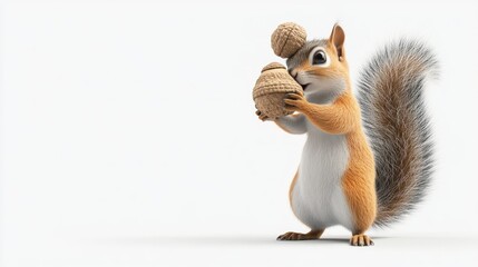 Fototapeta premium A Red Squirrel Holding a Nut and Another Nut on its Head