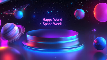 A sleek metallic podium surrounded by cosmic lights, featuring planets, space shuttles, and glowing "Happy World Space Week" text for a stellar celebration.
