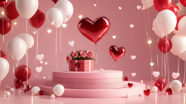 A modern pink podium with floating red and white balloons, a heart-shaped gift box with roses, and glittering lights for a romantic Valentine's Day scene.