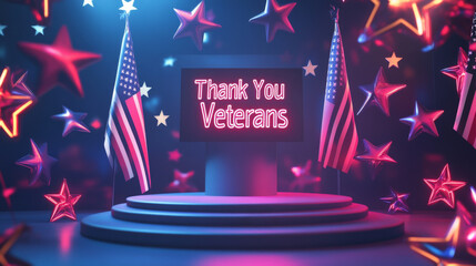 A podium surrounded by floating stars, military symbols, and American flags, with a glowing "Thank You Veterans" message in bold letters above.