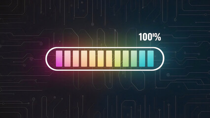 Processing icon with rainbow bars isolated on dark tech lines background, progress bar sign "Loading 100%" text, percentage, abstract, flat design, illustration, download button, futuristic transfer