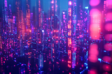 Naklejka premium Exploring the dynamic interplay of cryptocurrency chains and holographic cells in a vibrant digital landscape