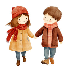 Charming Boy And Girl In Winter Clothes Holding Hands Depicting Warmth And Friendship In Watercolor Illustration, Cutout, Isolated on Transparent PNG/White Background.