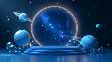 A cosmic-themed blue podium with planets, stars, and a glowing galaxy backdrop, celebrating World Space Week with futuristic space decorations.
