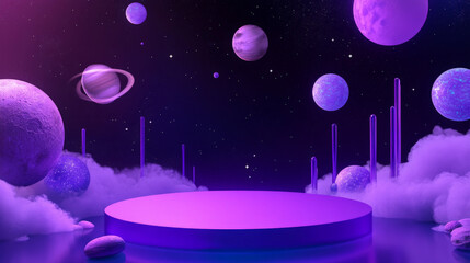 A glowing purple podium with floating space-themed decorations, including planets and stars, set against a cosmic background for a vibrant World Space Week celebration.