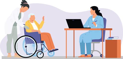 Doctors chamber with patient in doctor's room at medical and elderly patient in a wheelchair is assisted by a nurse to patient care, elderly assistance, and medical consultation in healthcare setting.