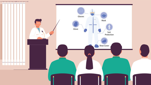 Doctors training in medical staff training session at hospital for PPE trainer of pandemic virus awareness doctors meeting training for PPE instruments and parts of PPE training program for medical