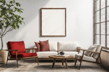 A cozy modern living room featuring a beige sofa and vibrant red accents with large windows for natural light