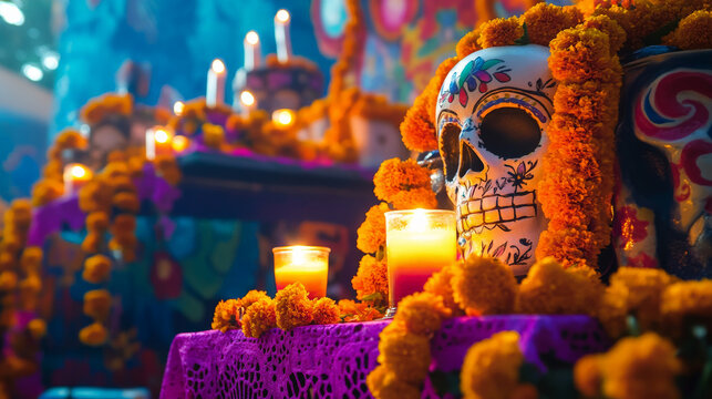 A podium adorned with traditional Day of the Dead decorations, including marigold garlands, glowing candles, and colorful sugar skulls, set against a vibrant backdrop.