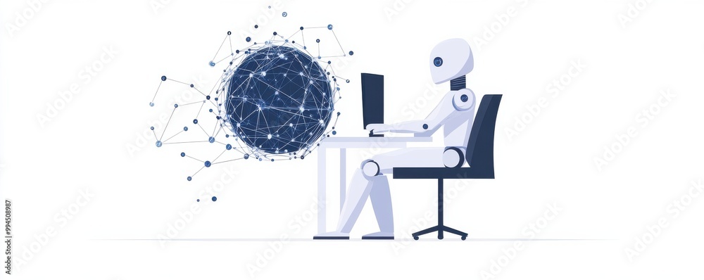 Poster futuristic ai robot interacting with digital network on computer screen in modern technology illustr