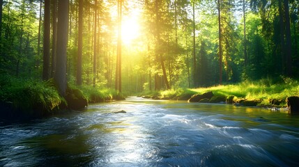 Obraz premium A bright and peaceful view of a lush forest with a crystal clear stream that reveals the rocks beneath. Sunlight filters through tall trees. No people. A natural scene suitable for ecotourism.