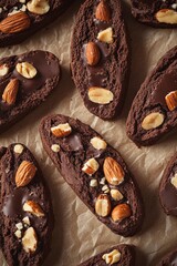 Close-up of chocolate chip cookies with hazelnuts on craft paper. Chocolate cantuccine with crumb. Chocolate rusks. A row of chocolate chip cookies.