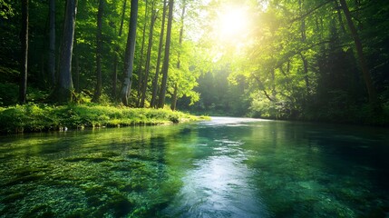 Fototapeta premium A bright and peaceful view of a lush forest with a crystal clear stream that reveals the rocks beneath. Sunlight filters through tall trees. No people. A natural scene suitable for ecotourism.