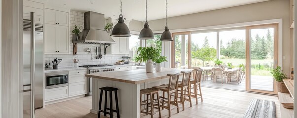 Airy Scandinavian kitchen with a functional layout, featuring a central island, pendant lights, and sliding doors to the patio