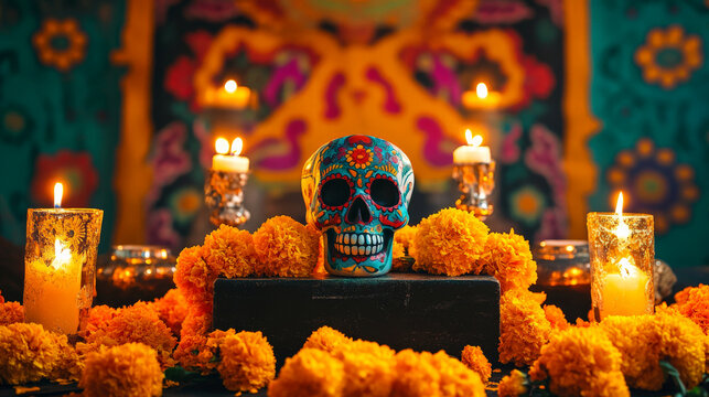 A podium with vibrant sugar skulls, marigold garlands, and flickering candles, set against a dark, festive Day of the Dead backdrop with traditional patterns.