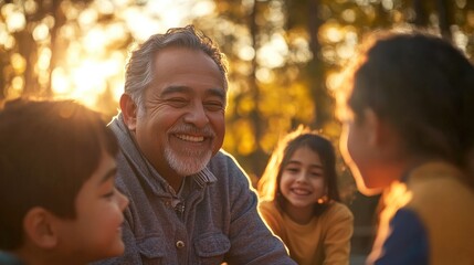 happy hispanic grandfather smiling to his grandchildren in forest. camping, hiking tourism, autumn vacation. senior activities, hobby and lifestyle banner