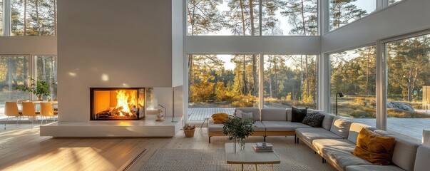 Airy Scandinavian living room with a minimalist fireplace, chic modular seating, and expansive windows that bring the outdoors in