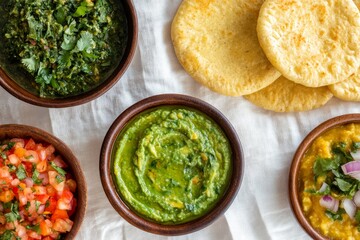 On corn roti flatbread, avocado with tahini and greek yogurt sauce with roasted tomatillo salsa.