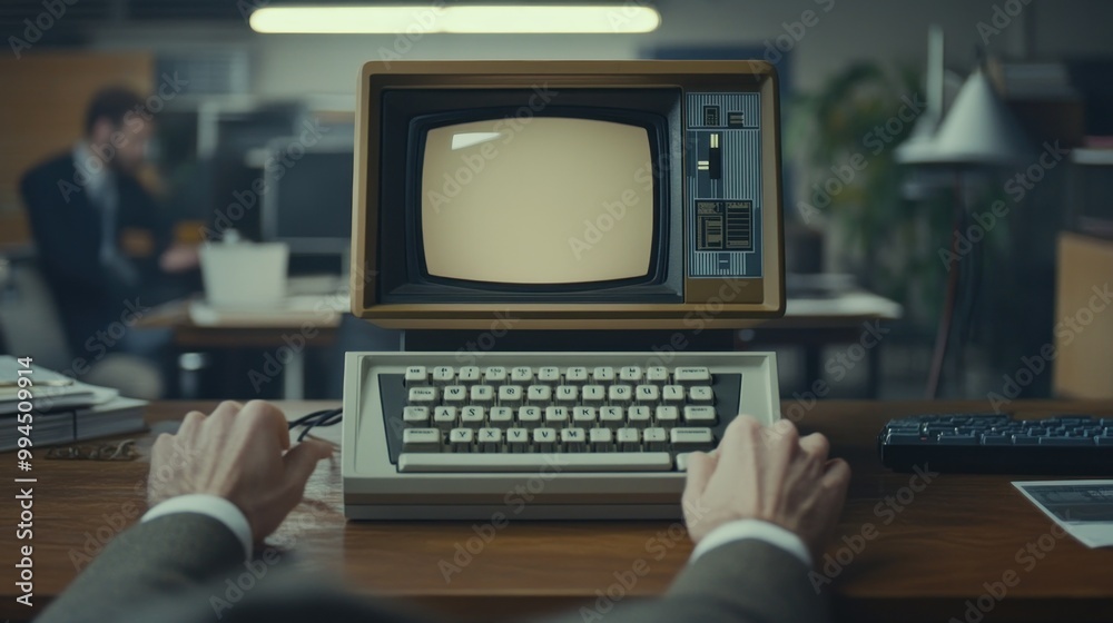 Poster man in suit typing on an old vintage computer