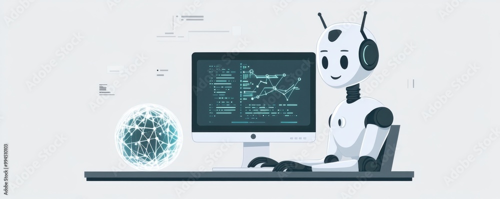 Poster illustration of an ai robot working at a computer with data charts showcasing technology and innovat