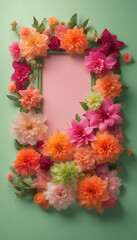Obraz premium Vibrant floral boarder frame background with an array of bright pink orange and green flowers includ