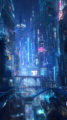 Futuristic cityscape architecture, innovative blue skyline technology, illuminated skyscraper metropolis buildings, digital urban night scene, neon glowing smart city concept