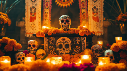 A podium with vibrant marigold garlands, flickering candles, and intricate papel picado banners, surrounded by sugar skulls for a festive Day of the Dead display.