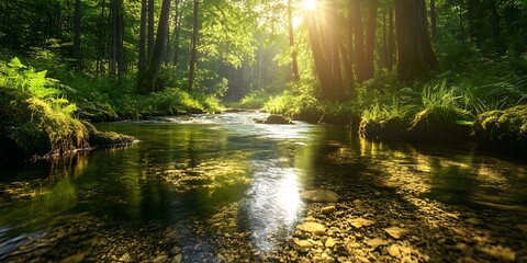 Obraz premium A bright and peaceful view of a lush forest with a crystal clear stream that reveals the rocks beneath. Sunlight filters through tall trees. No people. A natural scene suitable for ecotourism.