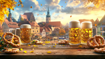 A podium with German national colors, small beer mugs, and pretzels, set against a scenic German cityscape for a festive Germany Day celebration.