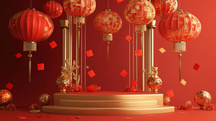A podium adorned with golden lanterns, red envelopes, and firecracker decorations, celebrating the joyous spirit of Chinese New Year.