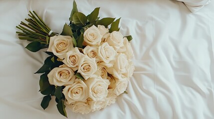 A luxurious bouquet of pale pink roses lies beautifully arranged on a soft bed, creating a romantic atmosphere filled with love and elegance