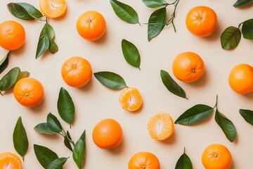 Yellow orange tangerines on beige background, top view, flat lay, minimalist still life style. Citrus fruits mandarines in a frame with empty space.
