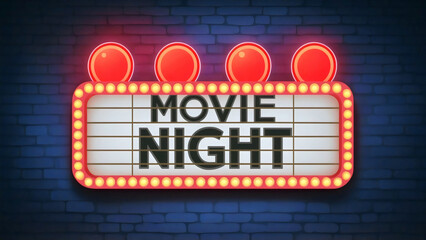 Fun retro marquee sign reading "Movie Night" time in glowing electric light lamps, glossy orbs on top,  against a purple brick wall background, illustration, neon open sign, cinema night show concept