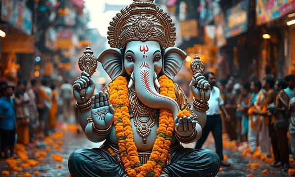 A large statue of Lord Ganesha adorned with flowers in a festive street.