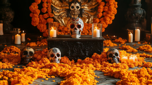 A podium surrounded by bright marigold petals, decorated sugar skulls, and flickering candles, set against a traditional Day of the Dead backdrop.