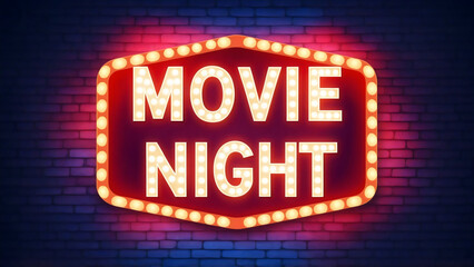 Realistic marquee red electric light lamps of "Movie Night" text and border, logo glowing on the purple brick wall background, retro neon open sign, signboard, invitation flyer, cinema time night show