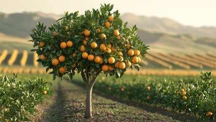 Foreground is an orange tree, and background is a farm field.