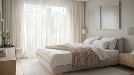 Fototapeta premium Airy Scandinavian master bedroom with sheer drapery, a minimalist king-sized bed, and soft, neutral decor
