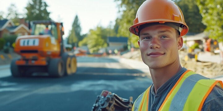 Stra&szlig;enbauer und Baumaschine auf Baustelle